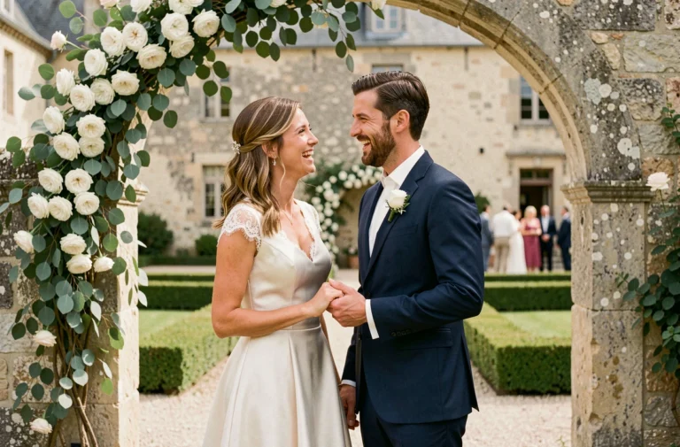 Couple de mariés souriant dans un jardin de château français avec arche fleurie de roses blanches