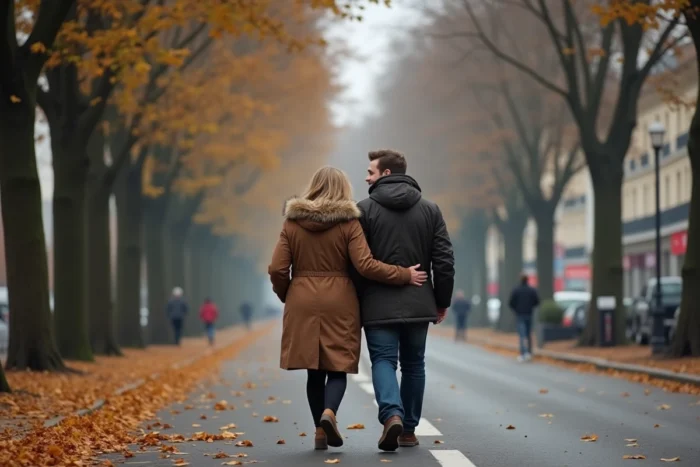 Couple se promenant sur un boulevard parisien en automne, illustrant une relation sentimentale discrète et complice