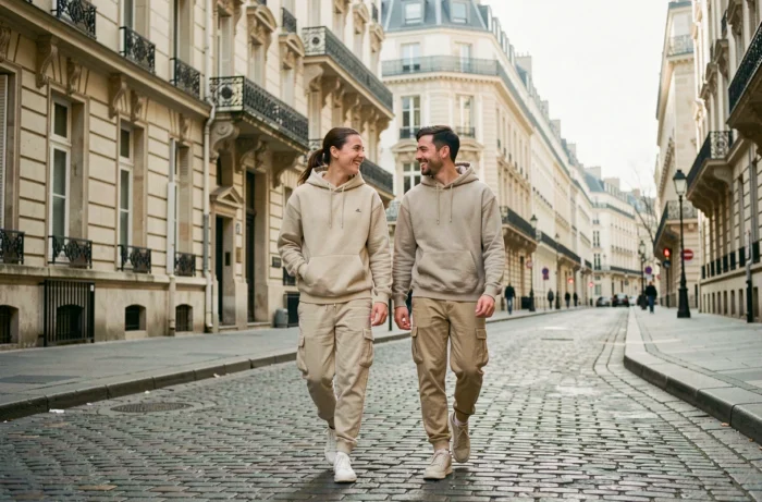 Couple de rappeur et sa compagne se promenant dans une rue pavée parisienne aux façades haussmanniennes