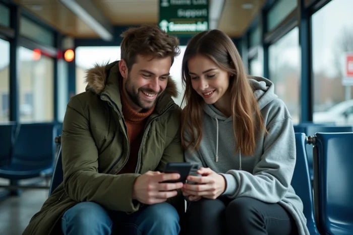 Couple consultant le numéro de contact Blablacar Bus sur un smartphone dans une salle d'attente de gare routière