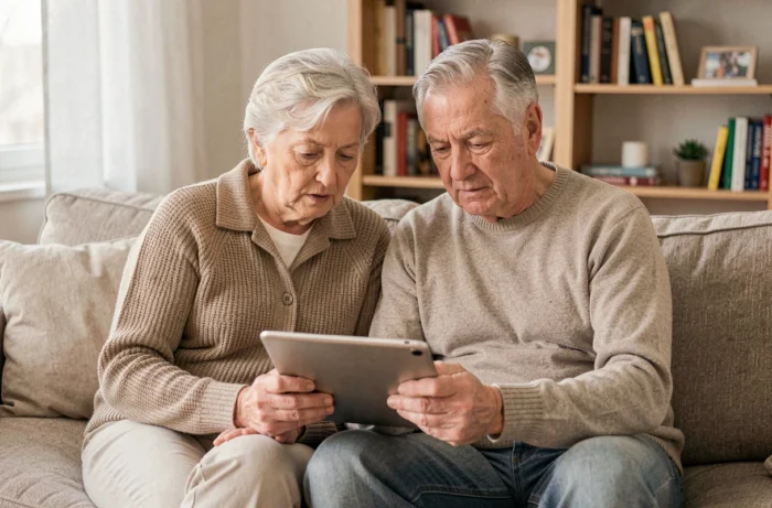 Couple de retraités consultant des ressources en ligne sur une tablette dans leur salon