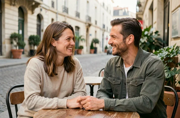 Couple souriant attablé en terrasse, illustrant la vie de famille et l'épouse d'une personnalité du rugby