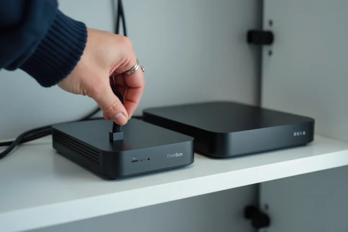 Gros plan sur le débranchement du câble d'alimentation de la Freebox Delta pour un redémarrage manuel