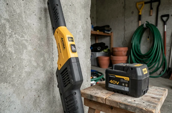 Débroussailleuse Parkside 40V posée contre un mur de garage avec sa batterie lithium-ion sur un établi en bois