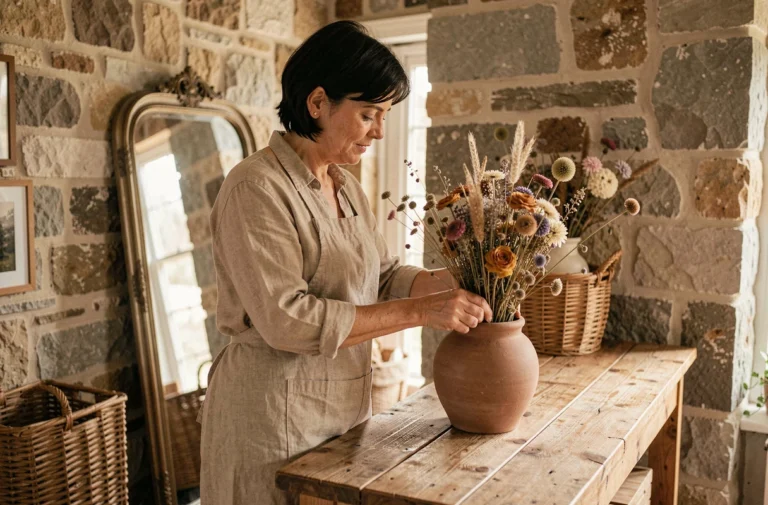 Femme arrangeant des fleurs séchées dans un vase en céramique sur une console en bois recyclé dans un couloir décoré avec des pierres apparentes