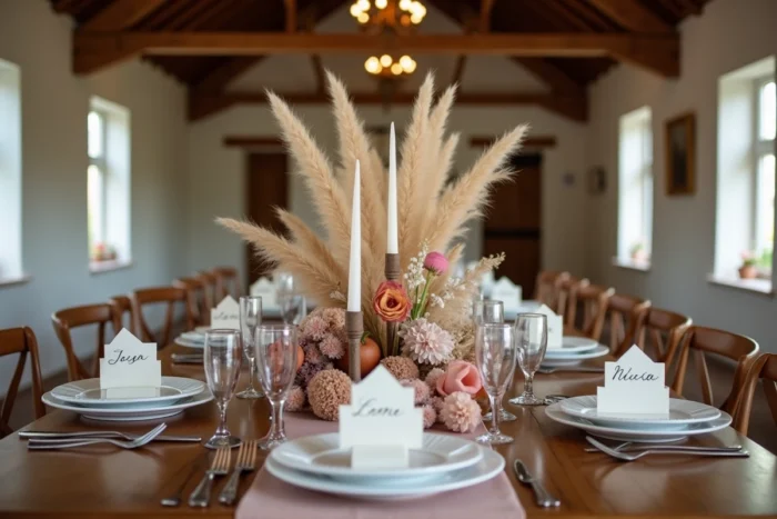 Décoration de table de mariage tendance avec pampa, bougies terracotta et fleurs séchées dans une grange rustique