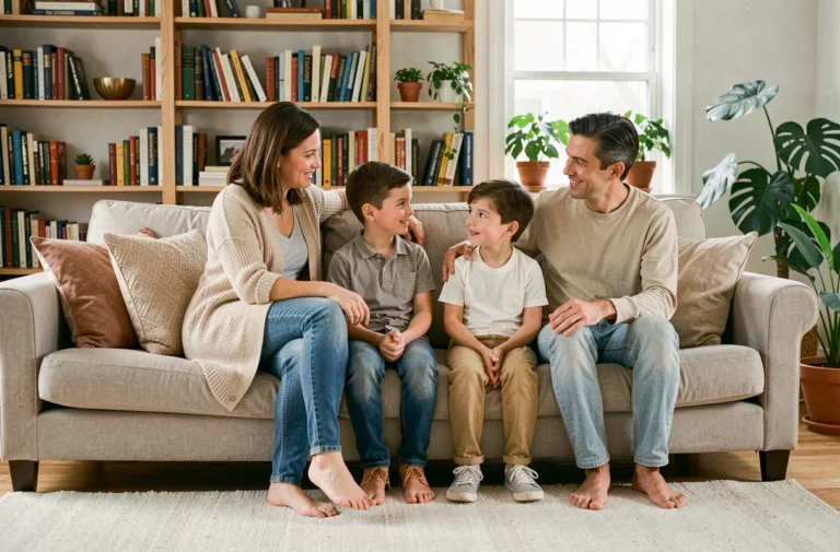 Une famille réunie dans un salon chaleureux pratiquant l'éducation positive au quotidien