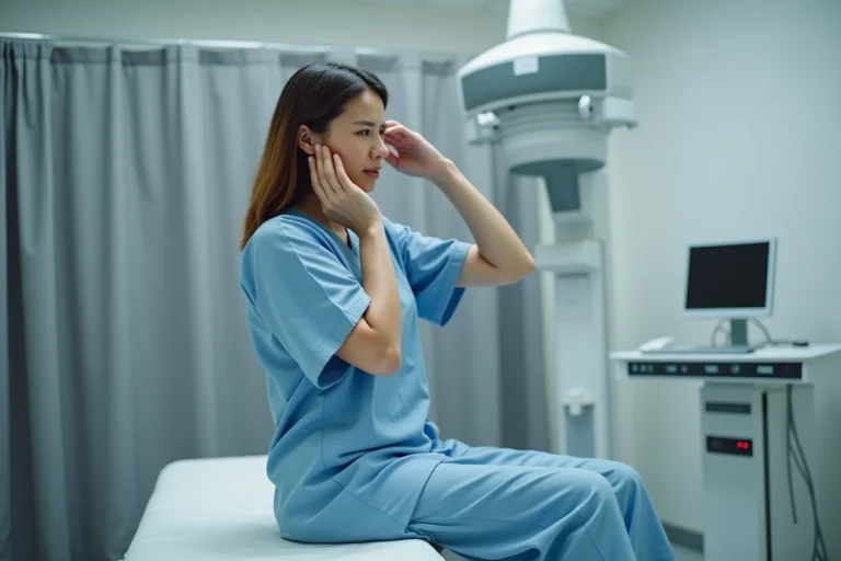 Femme ressentant une légère gêne après une IRM dans une salle d'examen radiologique
