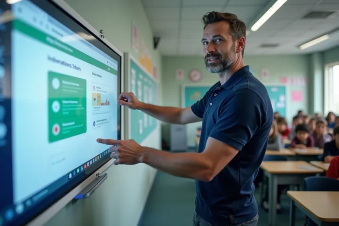 Enseignant présentant les pages essentielles du site Tic et Net sur un tableau blanc interactif en classe