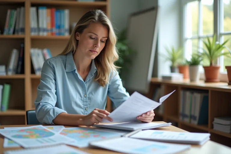 Enseignante préparant une classe de découverte en consultant des brochures de formation pédagogique dans une salle des professeurs