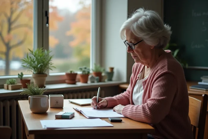 Enseignante à la retraite lisant une lettre d'adieu touchante à son bureau avec des cadeaux et cartes de départ posés à côté