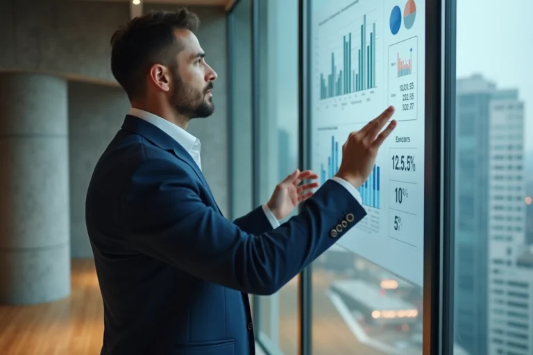Entrepreneur innovant en blazer marine présentant une stratégie business devant un tableau de données dans un bureau moderne avec vue sur la ville
