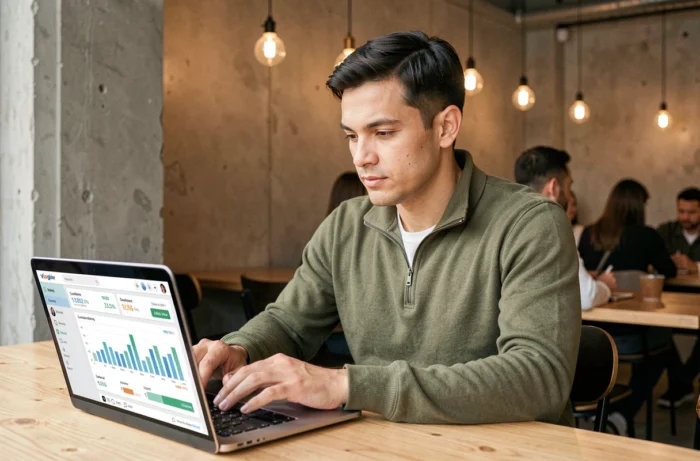 Entrepreneur travaillant seul sur une stratégie de marketing digital dans un espace de coworking
