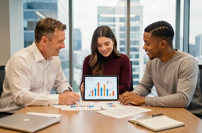 Équipe d'entreprise analysant des rapports de croissance et des graphiques marketing autour d'une table de réunion