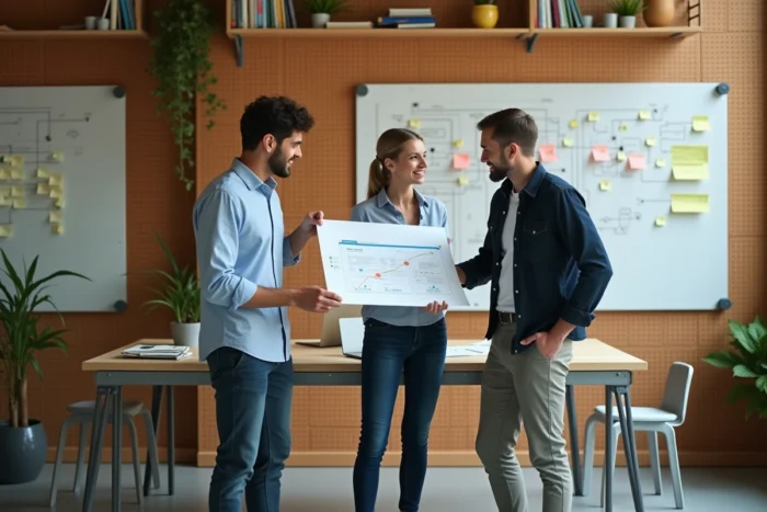 Équipe d'entrepreneurs collaborant autour d'une feuille de route business dans un open-space de startup dynamique