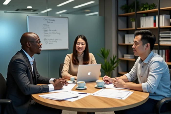 Équipe de professionnels diversifiés en réunion de travail autour d'une table avec rapports et ordinateur portable