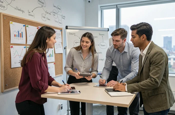 Une équipe de jeunes professionnels partageant des ressources stratégiques dans un espace de travail collaboratif moderne pour booster leur réussite