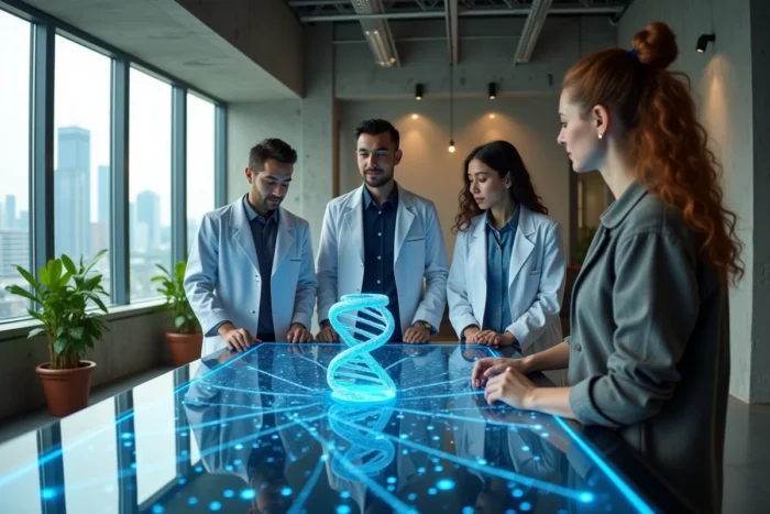 Équipe de scientifiques collaborant autour d'un modèle ADN 3D dans un laboratoire d'innovation moderne
