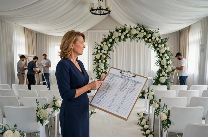 Une coordinatrice de mariage tenant un planning sur clipboard dans une salle de cérémonie décorée, supervisant les préparatifs avec une équipe de décorateurs