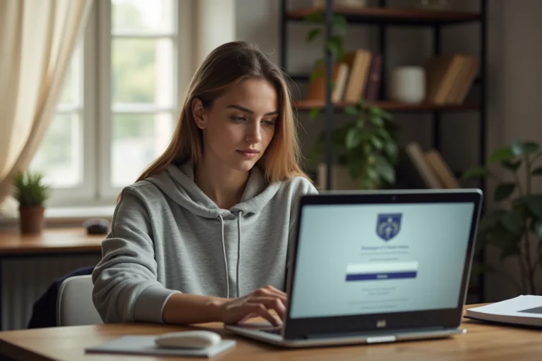 Étudiante connectée à un portail scolaire sur ordinateur portable depuis son bureau à domicile