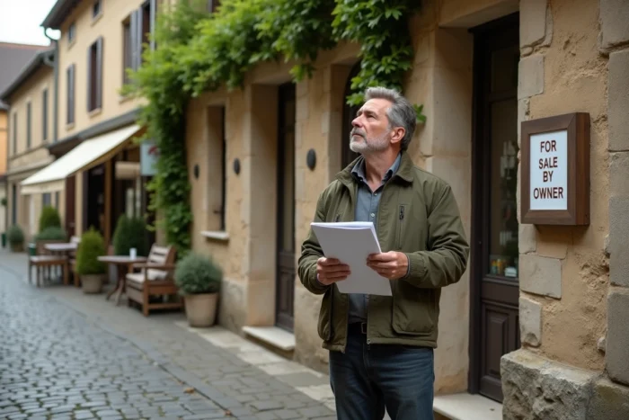 Homme évaluant un immeuble en vente directe entre particuliers dans une rue pavée de province française