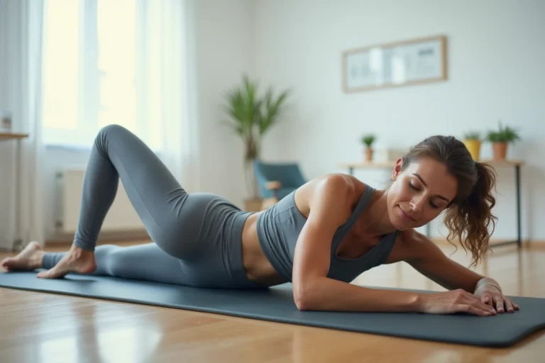 Femme réalisant un exercice de bascule du bassin sur un tapis de rééducation en clinique pour récupérer d'une fracture du sacrum