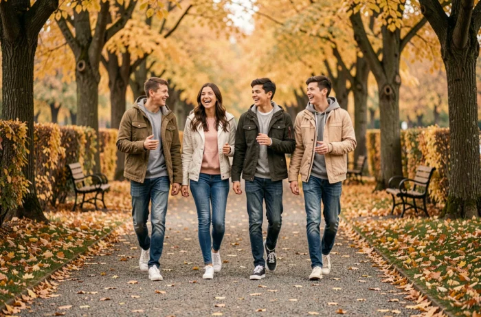 Famille unie se promenant dans un parc en automne, symbolisant la vie familiale d'une figure du rugby