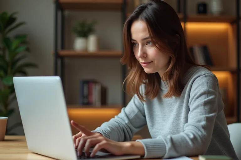 Femme pointant un écran d'ordinateur portable pour ajouter une icône sur le bureau