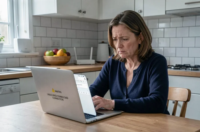Femme à domicile découvrant un avertissement de connexion non sécurisée sur son ordinateur portable dans la cuisine