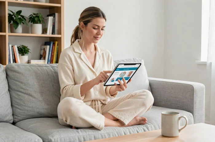 Femme utilisant une application de santé sur tablette dans son salon moderne et cosy