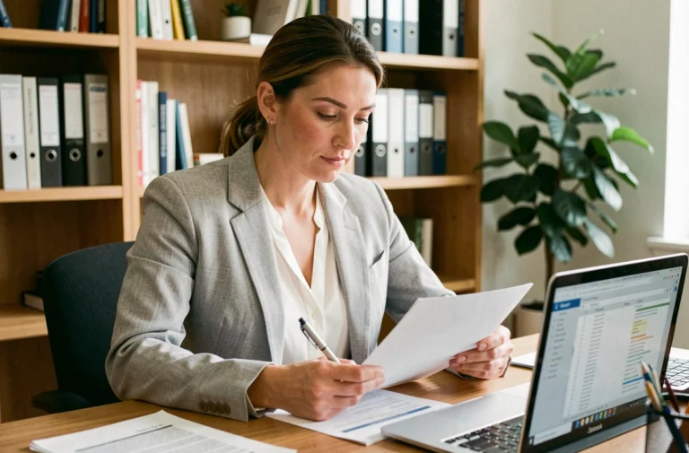 Femme auto-entrepreneur concentrée sur ses documents administratifs dans un bureau à domicile moderne