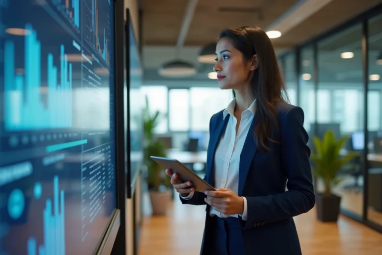 Femme cadre en blazer marine analysant des données business sur un écran dans un bureau moderne en open space