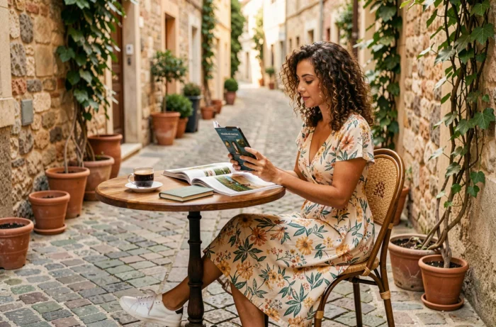 Jeune femme parcourant un magazine de voyage dans un café en terrasse d'une ruelle pavée européenne