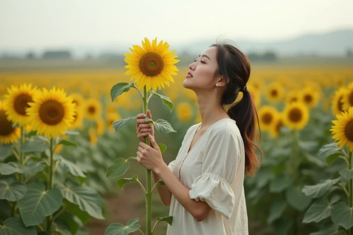 Jeune femme contemplative dans un champ de tournesols, illustrant la symbolique de renaissance et d'espoir associée au tournesol