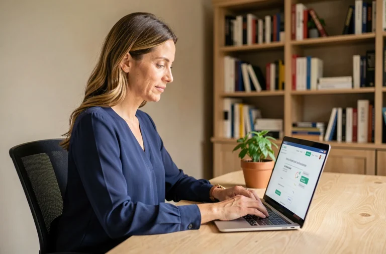 Femme consultant son autorisation de découvert Crédit Agricole sur ordinateur portable depuis son bureau à domicile