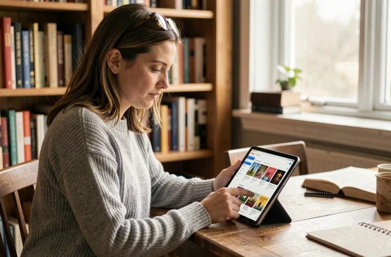 Femme parcourant une bibliothèque numérique légale sur tablette dans une bibliothèque à domicile