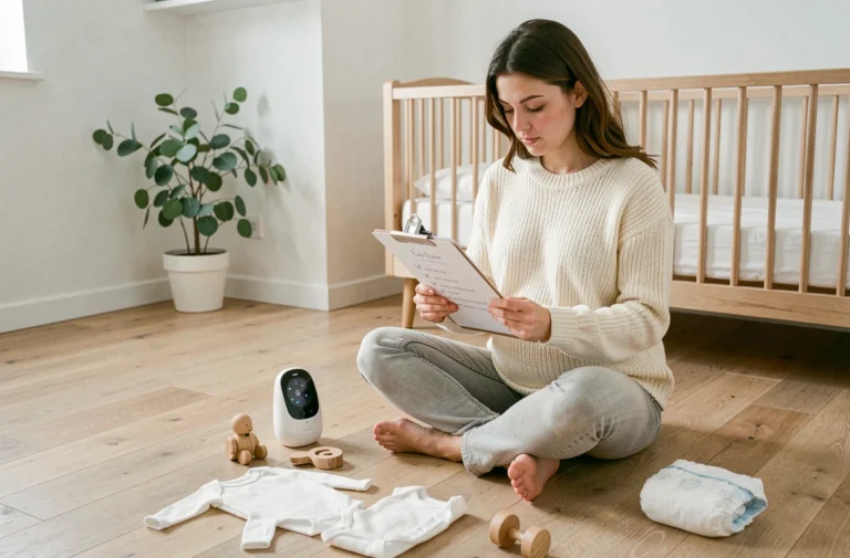 Jeune femme enceinte assise sur le sol d'une chambre de bébé scandinave, tenant une liste de naissance manuscrite entourée d'articles essentiels pour nouveau-né