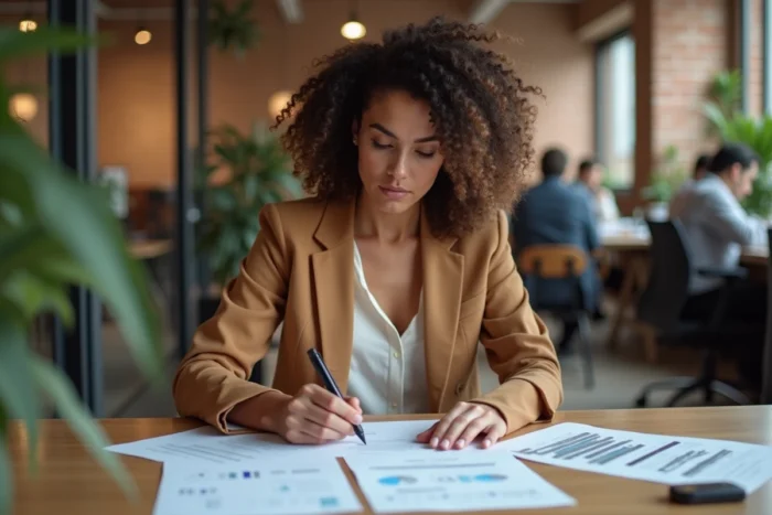 Femme entrepreneureure analysant des documents stratégiques à son bureau dans un espace de co-working contemporain