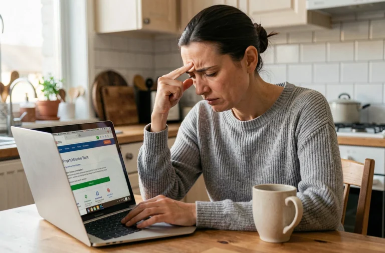 Femme frustrée devant un écran d'ordinateur affichant une erreur sur un portail immobilier MyFoncia