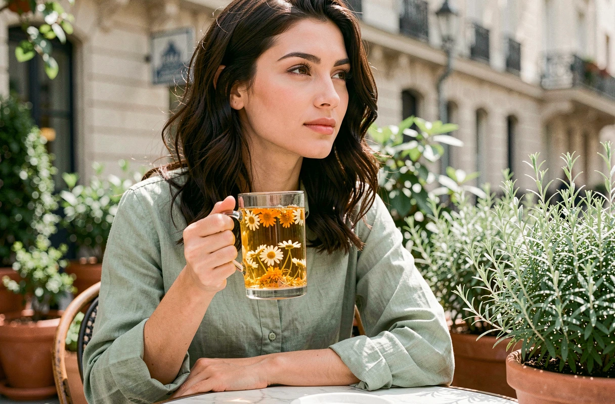 Jeune femme tenant une infusion florale à la camomille et calendula sur une terrasse de café parisien entourée de plantes aromatiques