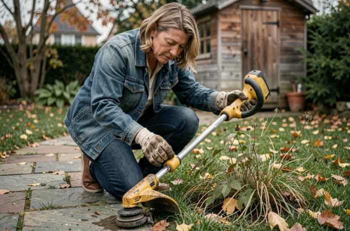 Femme inspectant la tête de coupe d'une débroussailleuse Parkside sans fil dans un jardin pavillonnaire en automne