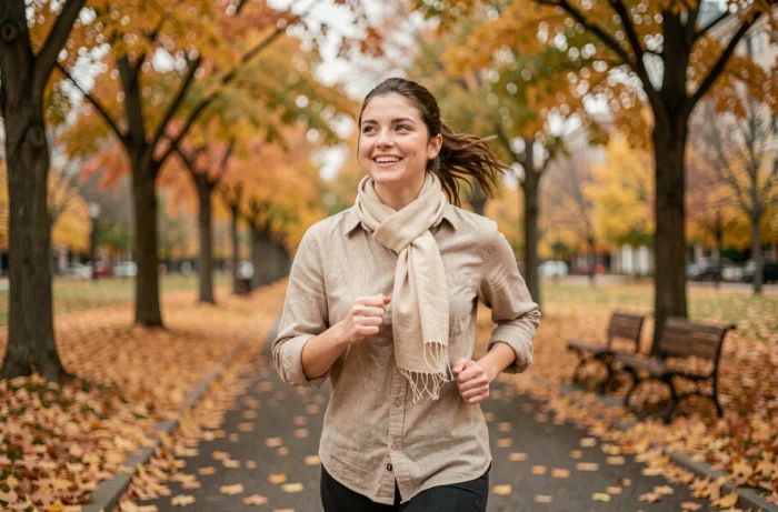 Jeune femme faisant du jogging dans un parc en automne pour prévenir les maladies courantes