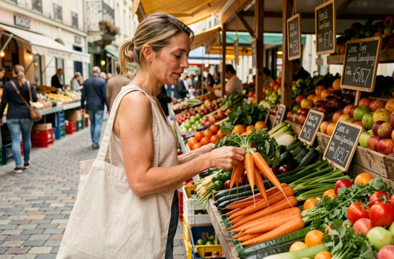 Femme choisissant des légumes frais chez un primeur de marché en plein air dans une rue française