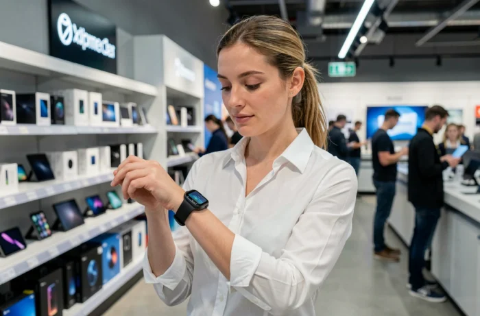 Femme examinant une montre connectée dans un magasin de technologie moderne