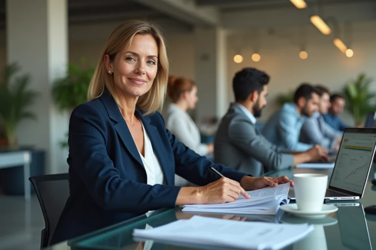 Femme professionnelle en blazer marine consultant des documents dans un bureau moderne en open space