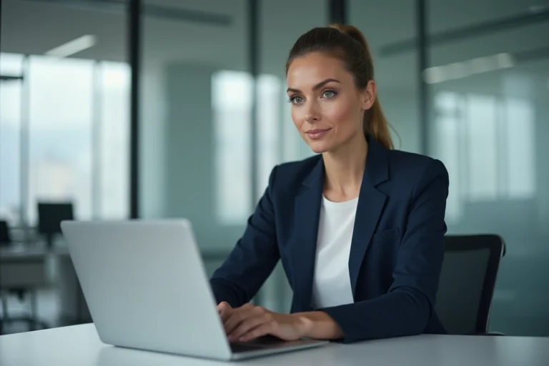 Femme professionnelle consultant sa messagerie Akeonet mail sur un ordinateur portable dans un bureau moderne