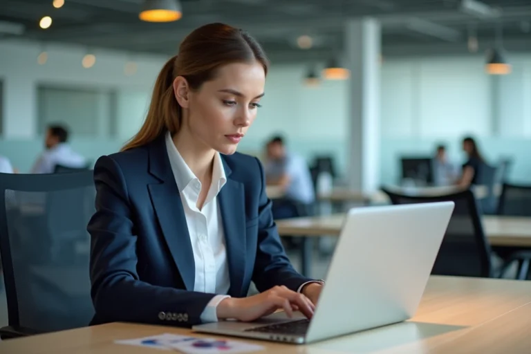 Femme professionnelle utilisant la plateforme Brikstok sur un ordinateur portable dans un bureau moderne