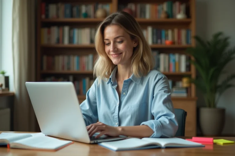 Femme consultant les ressources éducatives de Tic et Net sur un ordinateur portable dans un bureau à domicile