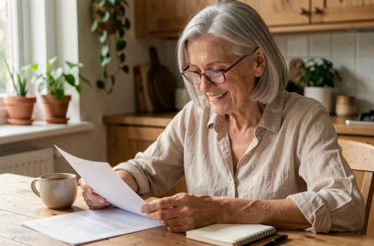Senior femme retraitée consultant des documents sur la gestion de sa retraite à la maison