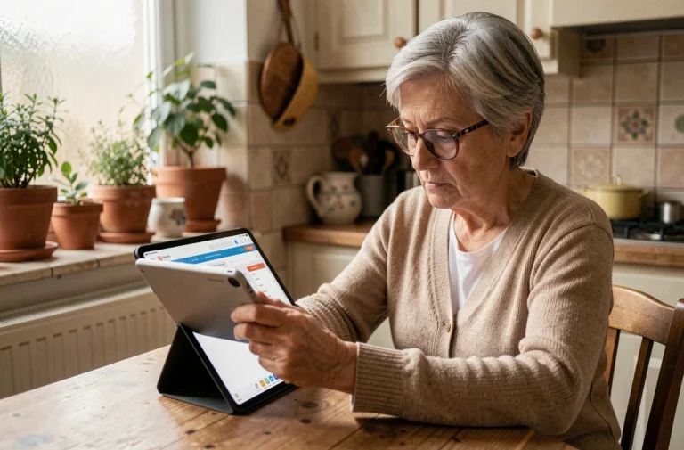 Femme senior utilisant une tablette pour gérer une tutelle à distance via une application administrative